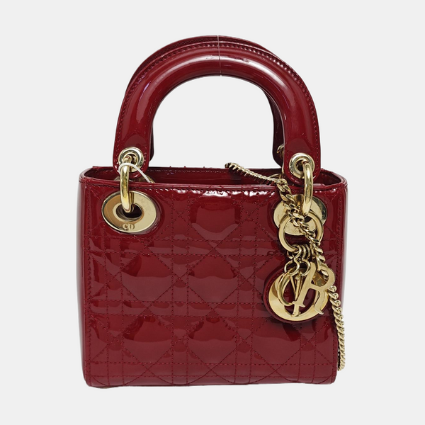 Authenticated pre-owned Lady Dior Mini Cannage Patent Calfskin Red - Tote Bag at Looply