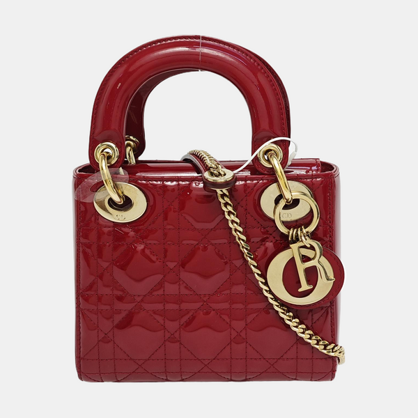 Authenticated pre-owned Lady Dior Mini Quilted Patent Calfskin Red - Tote Bag at Looply