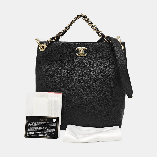 Quilted Grained Calfskin Tote Bag Black