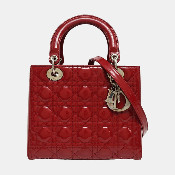 Bolso Lady Dior Mediano de Piel Patentada Acolchada Roja