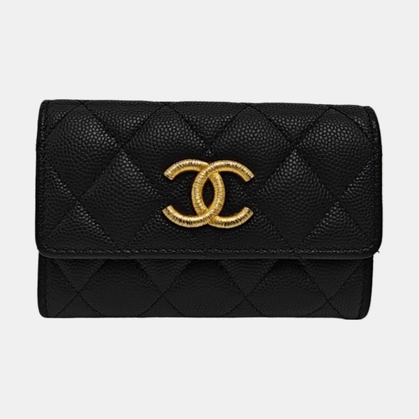 Quilted Grained Calfskin Card Holder Black