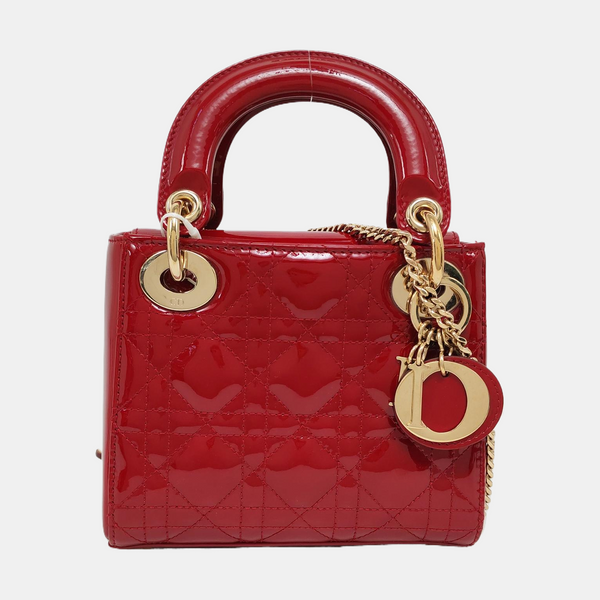 Authenticated pre-owned Lady Dior Mini Quilted Patent Calfskin Red - Tote Bag at Looply