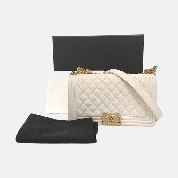 BOY CHANEL Medium Quilted Grained Calfskin White