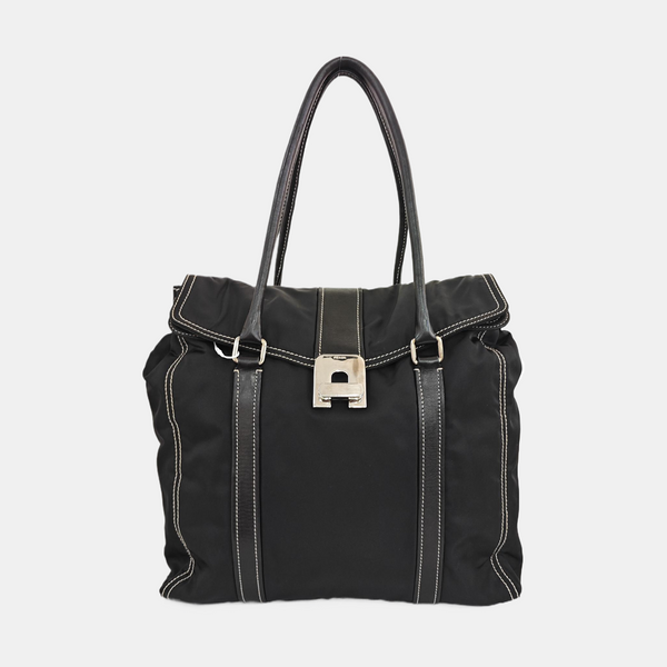 Quilted Nylon Top Handle Bag Black