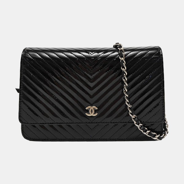 WOC Chevron, Quilted Patent Calfskin Black