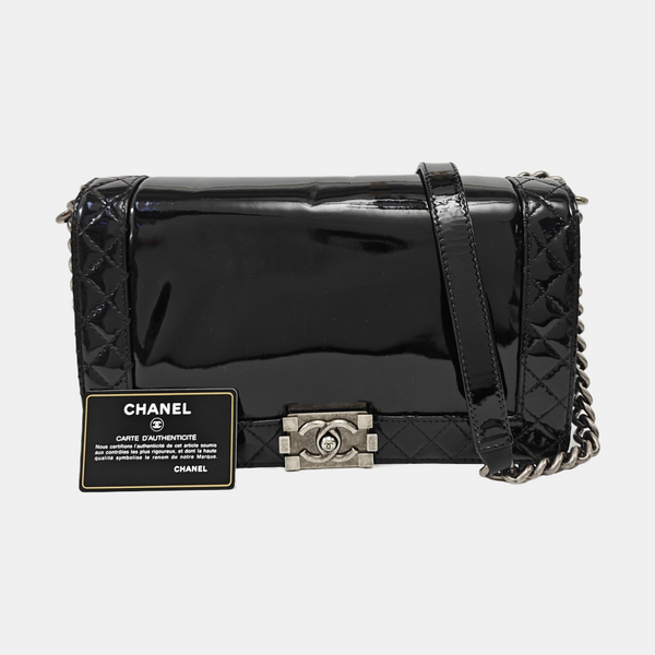 BOY CHANEL Large Quilted Patent Leather Black