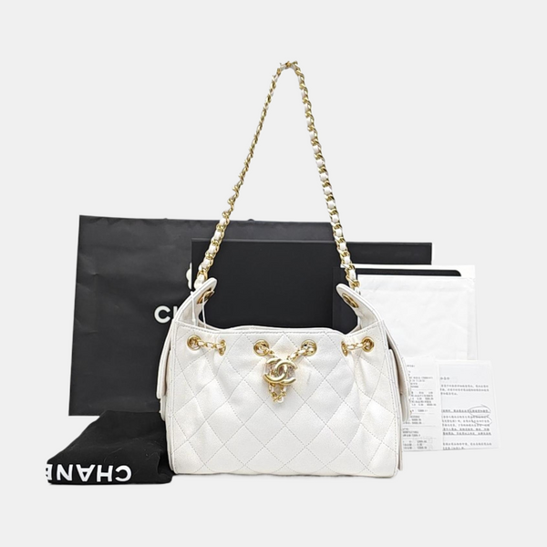 CHANEL 25 Mini Quilted Grained Calfskin White