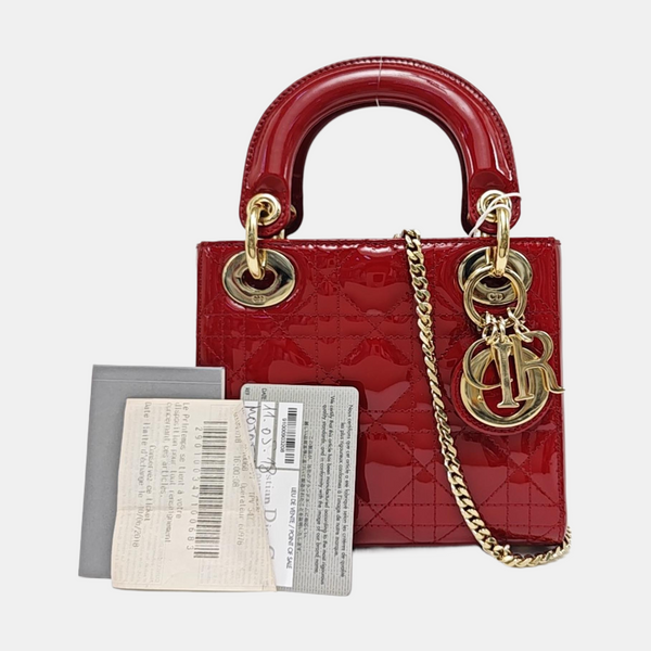 Authenticated pre-owned Lady Dior Mini Quilted Patent Calfskin Red - Tote Bag at Looply