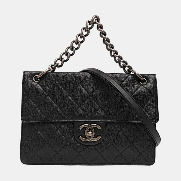 Quilted Grained Calfskin Shoulder Bag Black