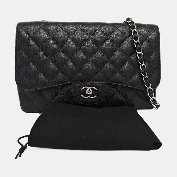 Quilted Grained Calfskin Shoulder Bag Large Black