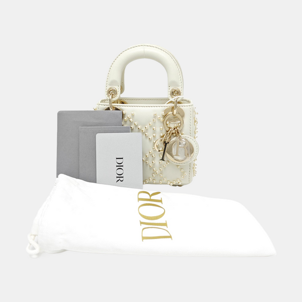 Authenticated pre-owned Lady Dior Super Mini Quilted Lambskin White - Tote Bag at Looply