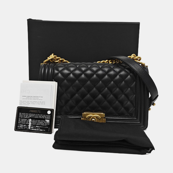 BOY CHANEL Medium Quilted Grained Calfskin Black