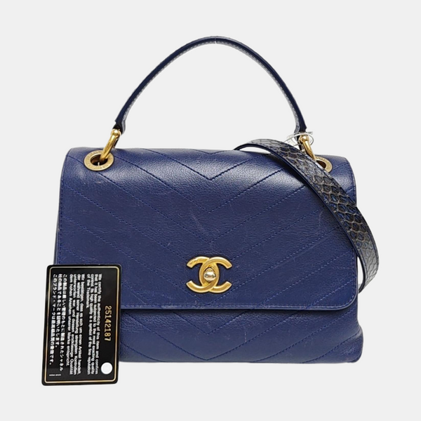Chevron Calfskin Shoulder Bag Blue