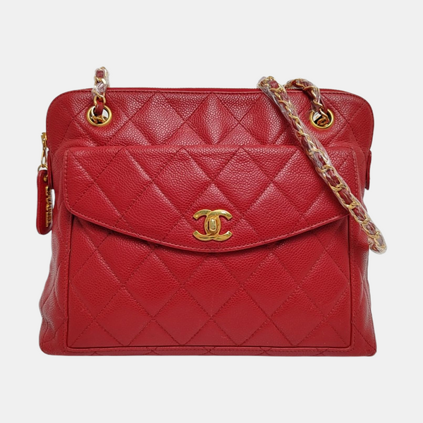 VINTAGE CC LOGO Quilted Grained Calfskin Red