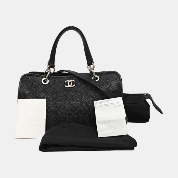 Quilted Grained Calfskin Tote Bag Black