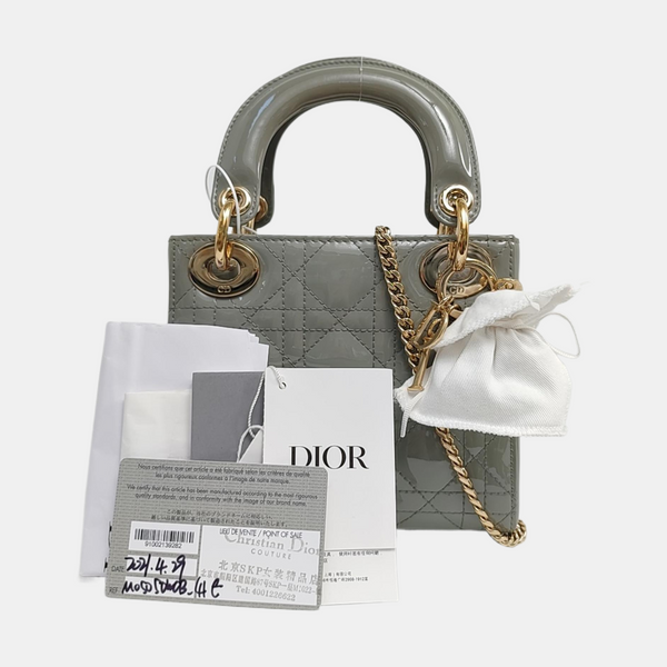 Authenticated pre-owned Lady Dior Mini Quilted Patent Leather Gray - Tote Bag at Looply