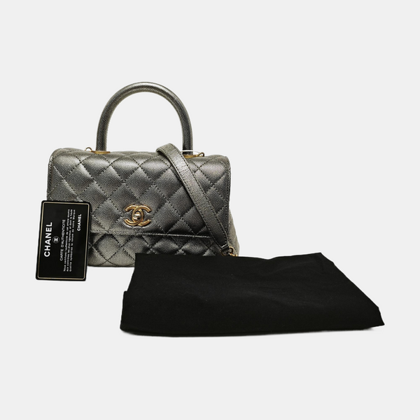 COCO HANDLE Small Quilted Grained Calfskin Silver