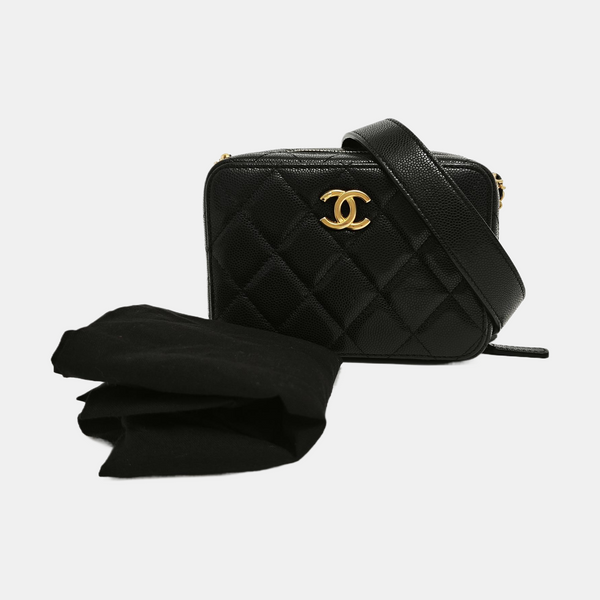 Quilted Grained Calfskin Shoulder Bag Black
