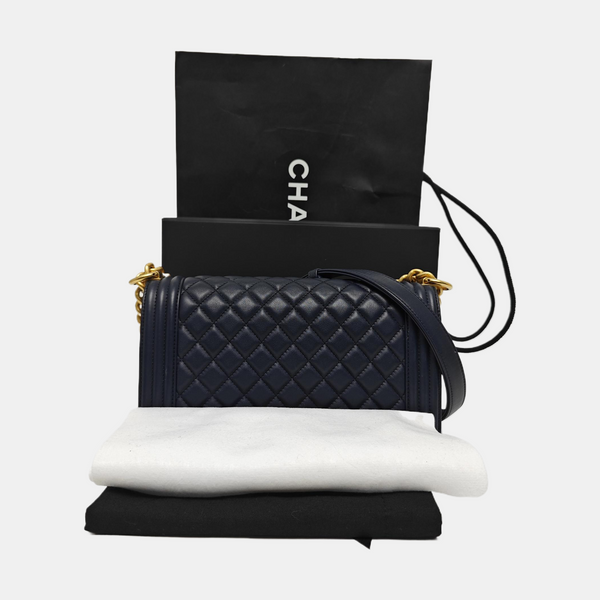BOY CHANEL Medium Quilted Grained Calfskin Blue