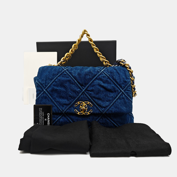 CHANEL 19 Large Quilted Denim Blue