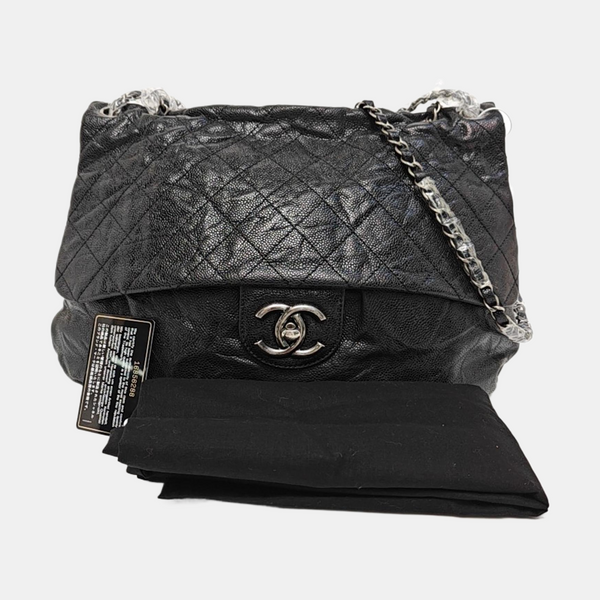 Quilted Grained Calfskin Shoulder Bag Black