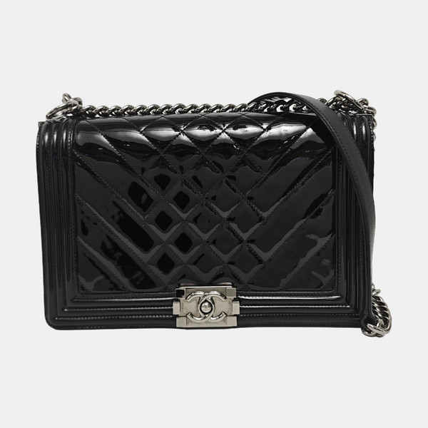 BOY CHANEL Large Quilted Patent Leather Black