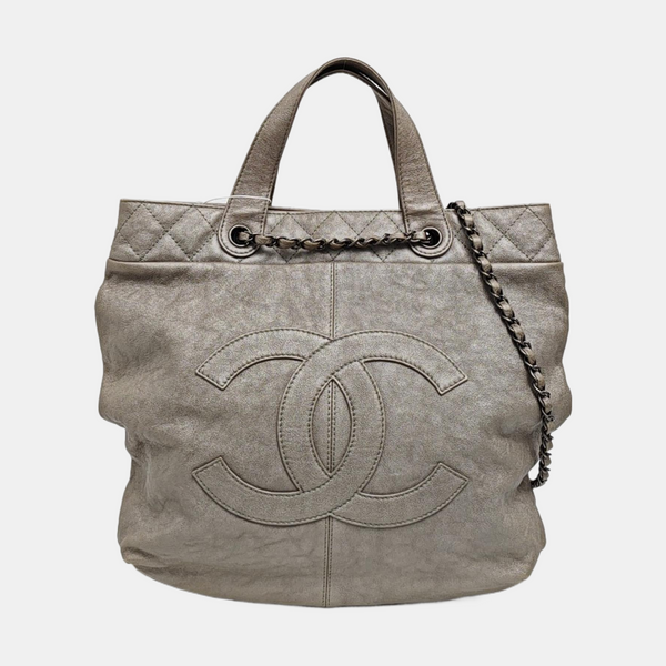 Quilted Calfskin Tote Bag Gray