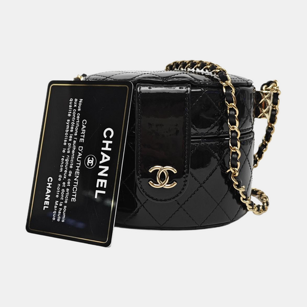 Round Vanity Quilted Patent Leather Black
