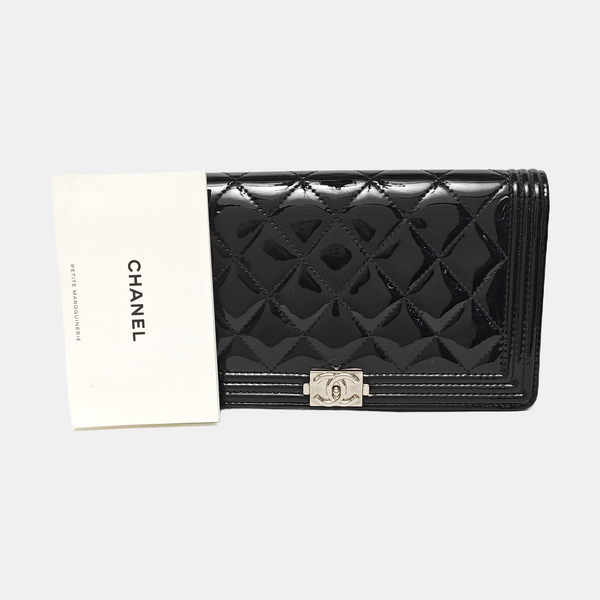 BOY CHANEL Mini Quilted Patent Leather Black Wallet