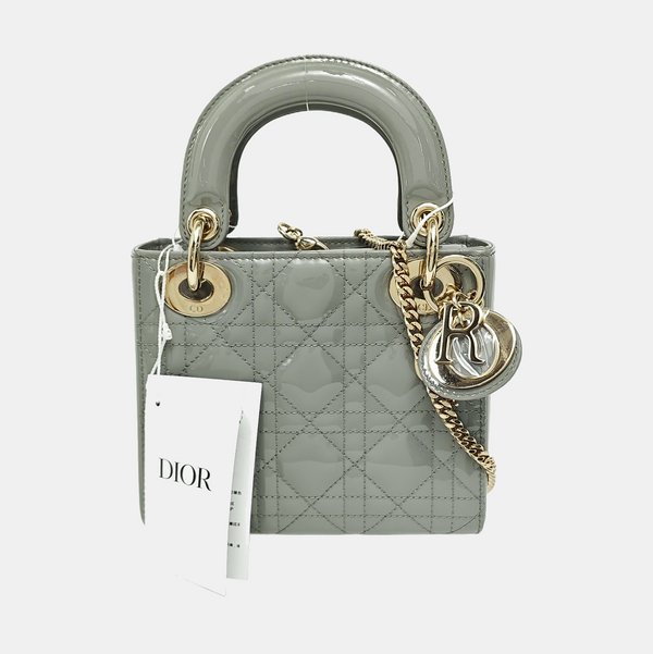 Authenticated pre-owned Lady Dior Mini Quilted Patent Leather Grey - Tote Bag at Looply