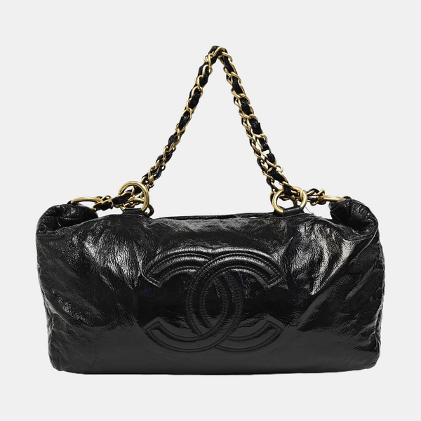 Quilted Patent Leather Top Handle Bag Black