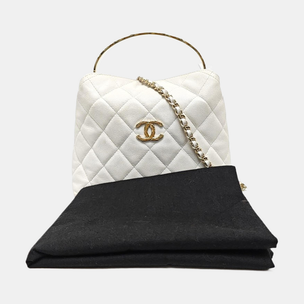Quilted Grained Calfskin Shoulder Bag White