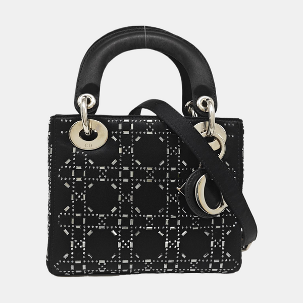 Authenticated pre-owned Lady Dior Mini Cannage Silk Satin Black - Tote Bag at Looply