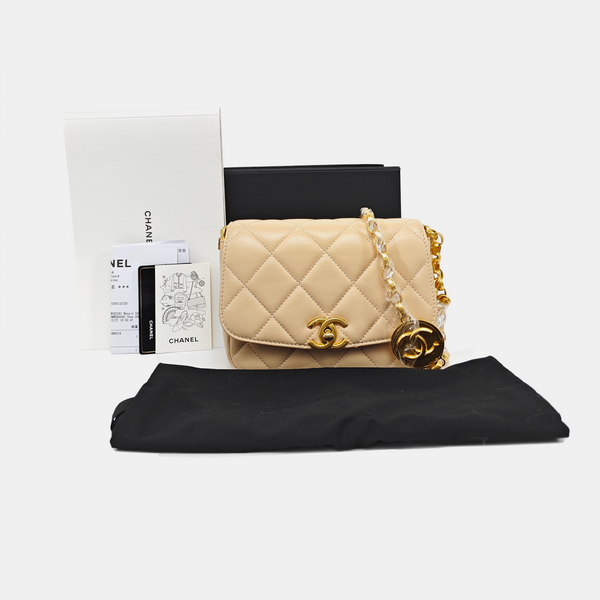 Quilted Lambskin Shoulder Bag Small Beige