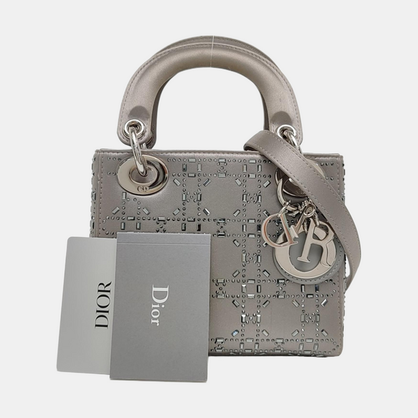 Authenticated pre-owned Lady Dior Mini Silk Satin Grey - Tote Bag at Looply