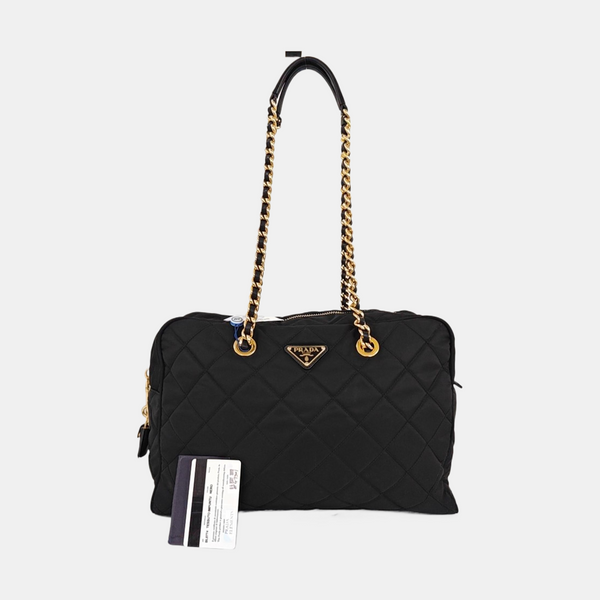 Quilted Nylon Shoulder Bag Black