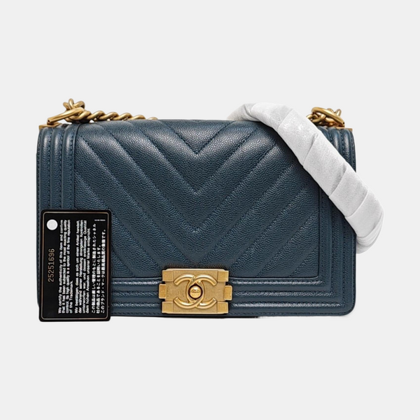 Authenticated pre-owned BOY CHANEL Medium Chevron, Quilted Grained Calfskin Blue - Shoulder Bag at Looply