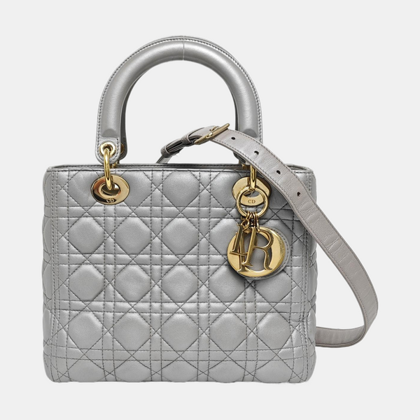Authenticated pre-owned Lady Dior Cannage Lambskin Silver - Shoulder Bag at Looply