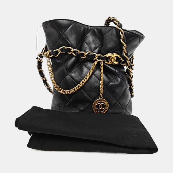 Quilted Lambskin Bucket Bag Small Black