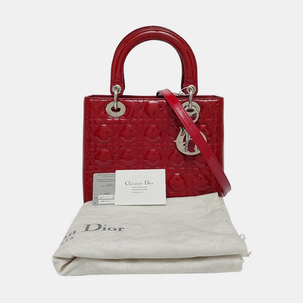 Authenticated pre-owned Lady Dior Medium Cannage Patent Leather Red - Tote Bag at Looply