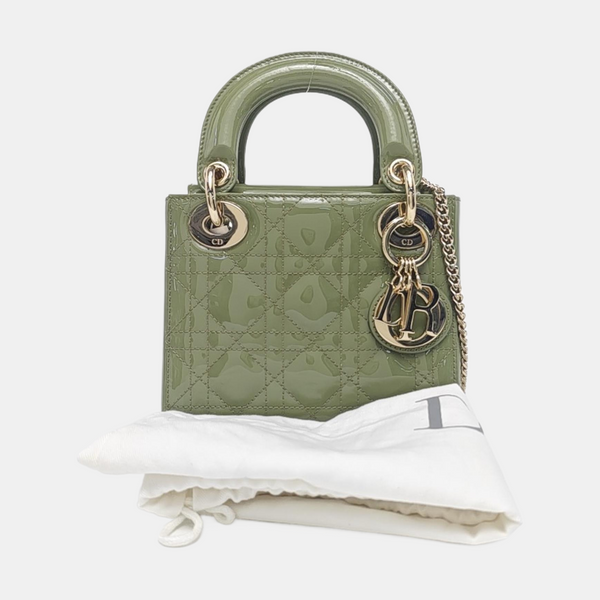 Authenticated pre-owned Lady Dior Mini Quilted Patent Calfskin Green - Tote Bag at Looply