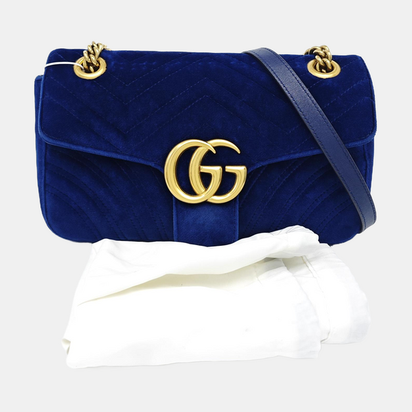 GG Marmont Medium Quilted Velvet Blue