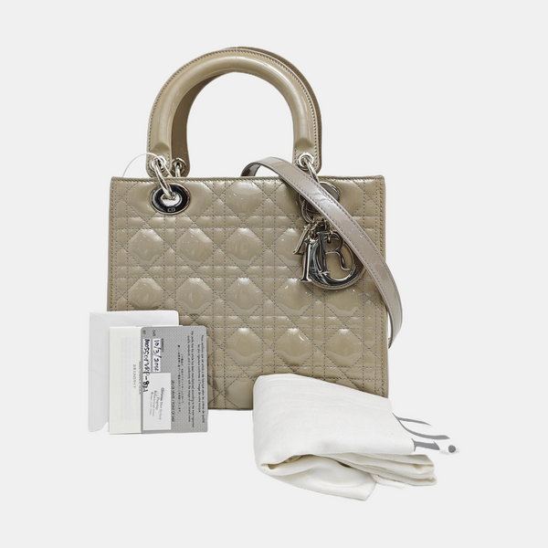 Lady Dior Medium Quilted Patent Leather Gray