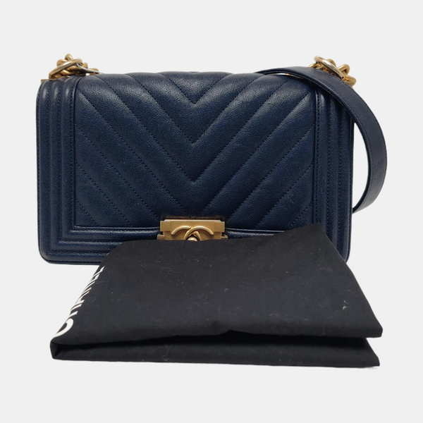 Authenticated pre-owned BOY CHANEL Chevron, Quilted Grained Calfskin Blue - Crossbody Bag at Looply