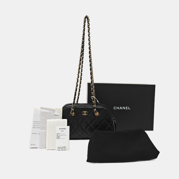Quilted Grained Calfskin Shoulder Bag Black