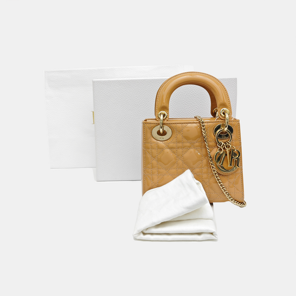 Lady Dior Mini Cannage Patent Leather Beige