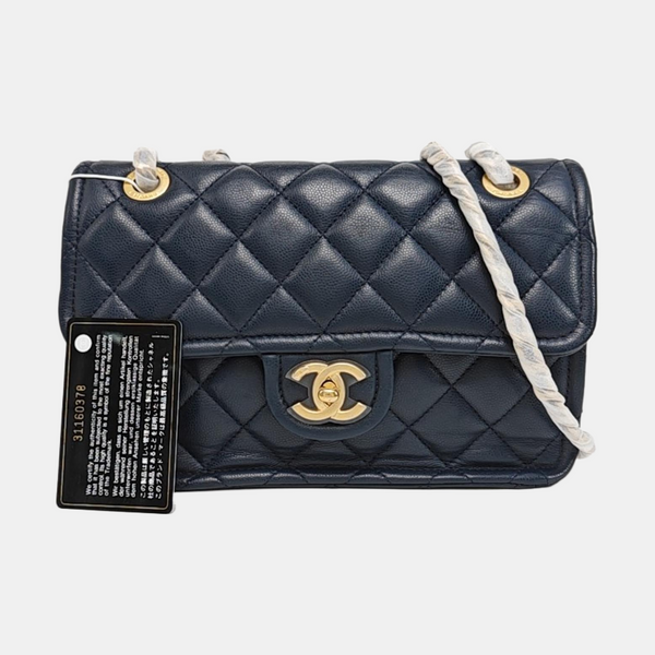 Quilted Grained Calfskin Shoulder Bag Medium Blue
