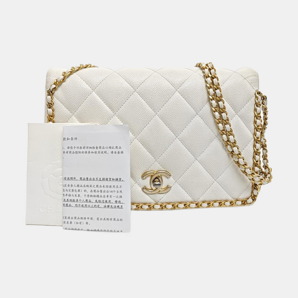 Quilted Grained Calfskin Shoulder Bag Large White
