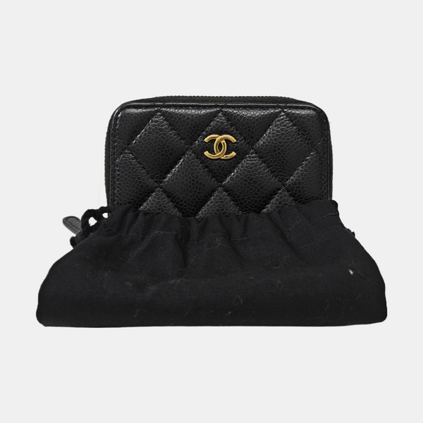 Quilted Grained Calfskin Card Holder Black