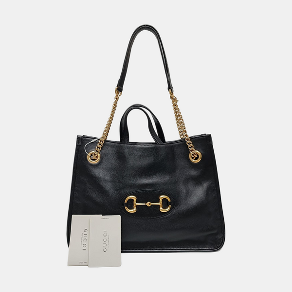Authenticated pre-owned Horsebit 1955 Medium Calfskin Black - Tote Bag at Looply